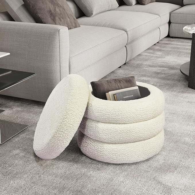 Storage Ottoman, Round Ottoman with Storage, Vanity Stool Foot Rest with Removable Lid, Round Boucle Upholstered for Living Room Pouf Footstool