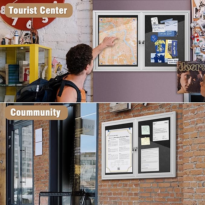 48"x30" Enclosed Bulletin Board, Outdoor Lockable Weather-Resistant Aluminum Cork Noticeboard for School & Office, Silver Frame w/Black Flet