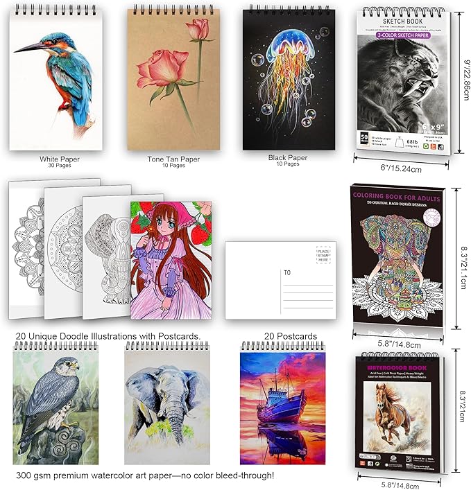 HIFORNY 136 PCS Drawing & Sketching Set,Pro Art Supplies with Graphite,Charcoal,Colored,Watercolor,Metallic Pencils,Blending Tools,Sketchbook,Watercolor Book and Coloring Book in Zipper Case (Grey)