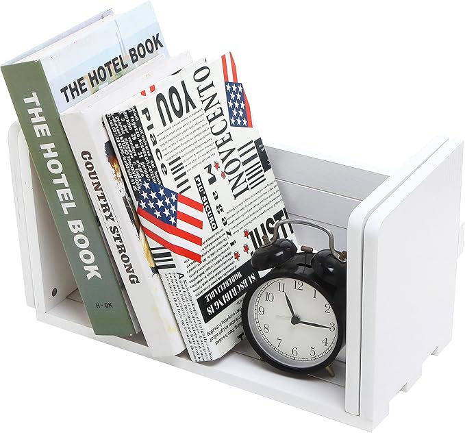 MyGift White Wood Desktop Bookshelf Organizer, Expandable Adjustable Display Shelf Book Rack