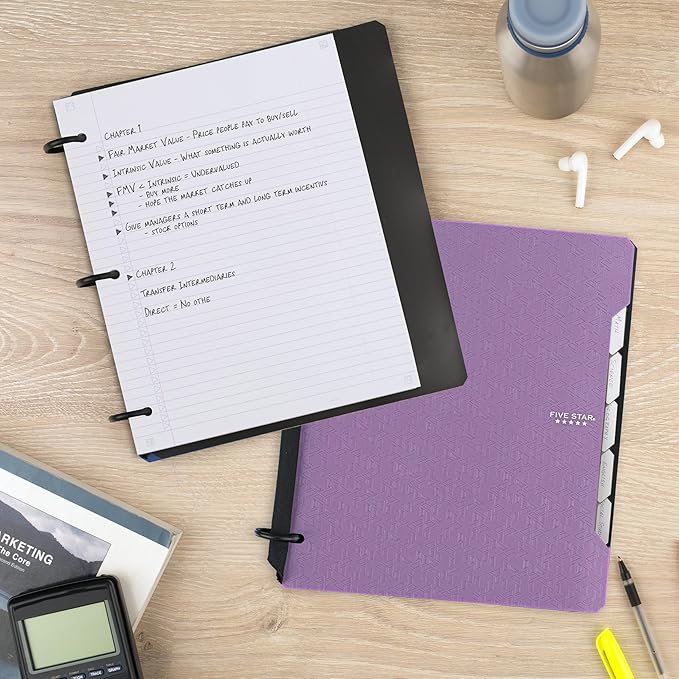 Five Star Flex Refillable Notebook + Study App, College Ruled Paper and 1 Inch TechLock Ring Binder with Pockets, Tabs and Dividers, 200 Sheet Capacity, Amethyst Purple (29328AB6)