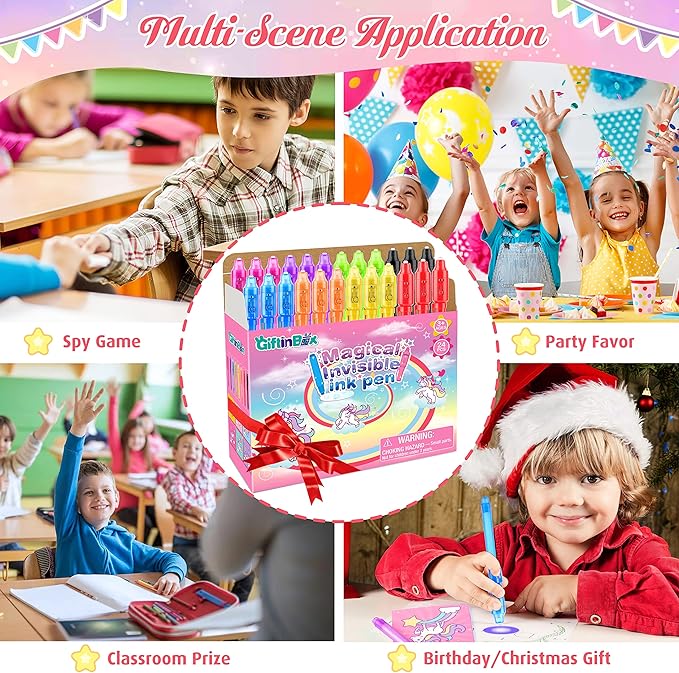 GIFTINBOX Unicorn Party Favors for Kids 4-8, 24Pack Invisible Ink Pen and Notebook, Invisible Ink Spy Pen with UV light for Kids, Classroom Prize Goodie Bag Stuffers Unicorn Toys for Kids Girls