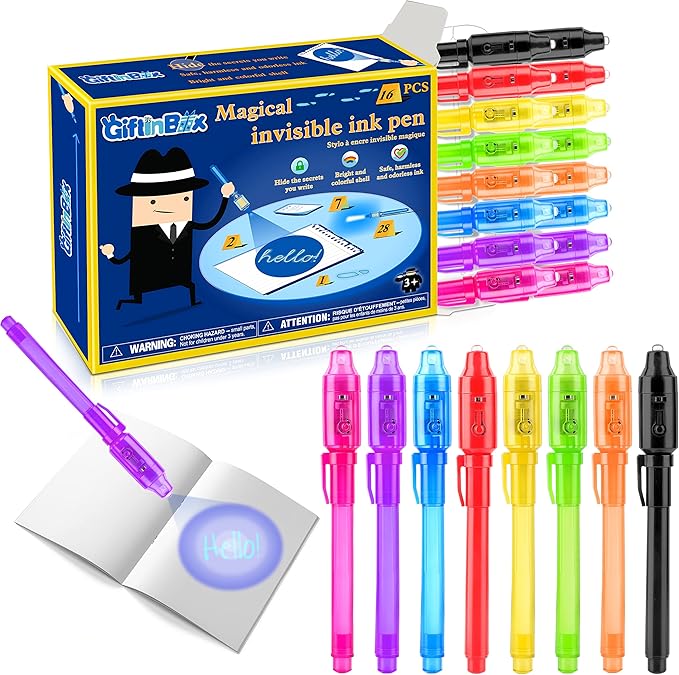 GIFTINBOX Invisible Ink Pen, 16PCS Spy Pen with UV Light for Kids, Birthday Party Favors for Kids 4-8 8-12, Classroom Prize for Students Magic Marker for Secret Message