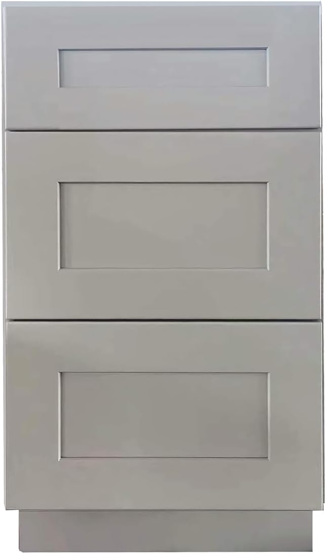 Shaker Style Grey RTA Base Drawer Cabinet by Solid Wood for Kitchen, Bathroom, Bedroom or Office with 3 Drawers and Soft Close(15" W x 24" Depth x 34-1/2" H)