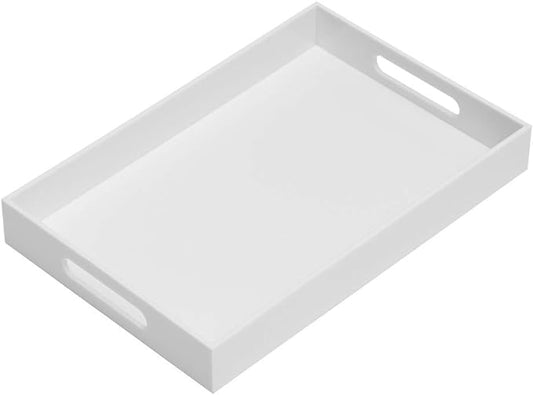 Glossy White Sturdy Acrylic Serving Tray with Handles-10x15Inch-Serving Coffee Appetizer Breakfast Butler-Kitchen Countertop-Makeup Drawer Organizer-Vanity Table Tray-Ottoman Tray