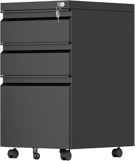 Aobabo 3 Drawer File Cabinet with Lock,Metal Filing Cabinet with Wheels for Home Office & Business Enterprise, Legal/Letter Size, Fully Assembled Except Wheels, Black