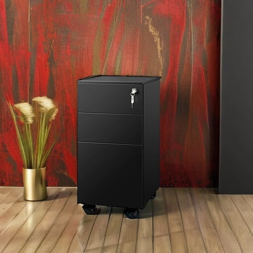 DEVAISE 3 Drawer File Cabinet with Lock, Metal Rolling Filing Cabinets for Home Office, Small Under Desk Cabinet with Slim Width (11.8 inch), Black