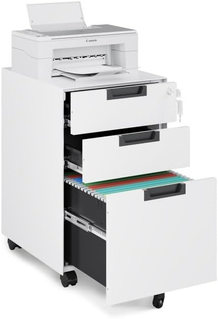Mobile File Cabinet,3 Drawer Locking Storage Filing Cabinet,Office Metal Storage Cabinet on Wheels for Legal/Letter/A4 File(Fully Assembled，White)