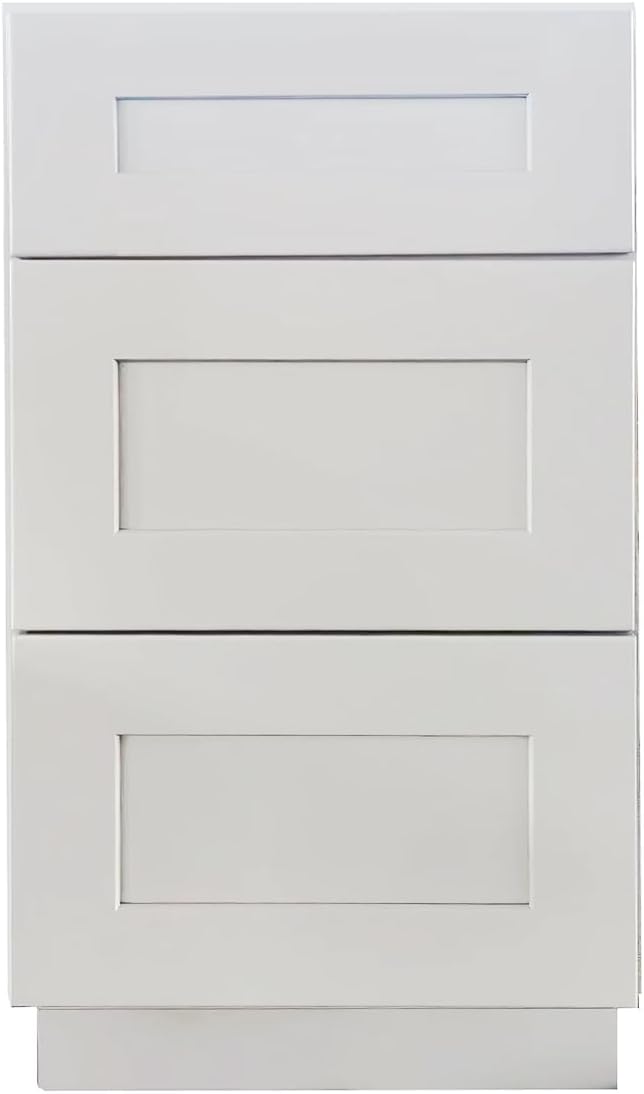 Shaker Style White RTA Base Drawer Cabinet by Solid Wood for Kitchen, Bathroom, Bedroom or Office with 3 Drawers and Soft Close(15" W x 24" Depth x 34-1/2" H)