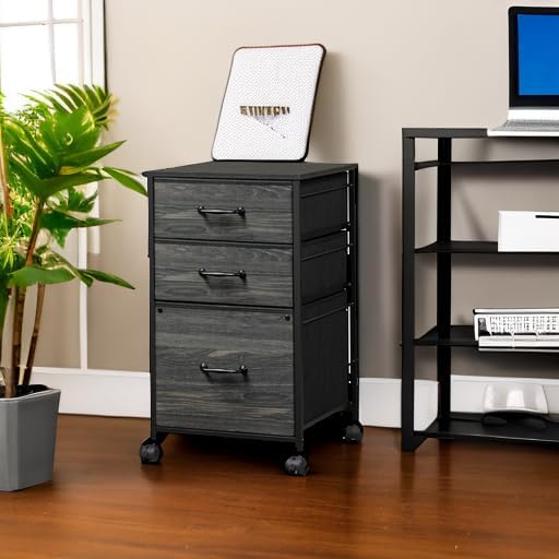 DEVAISE Mobile File Cabinet, Rolling Printer Stand with 3 Drawers, Fabric Vertical Filing Cabinet fits A4 or Letter Size for Home Office, Charcoal Black Wood Grain Print