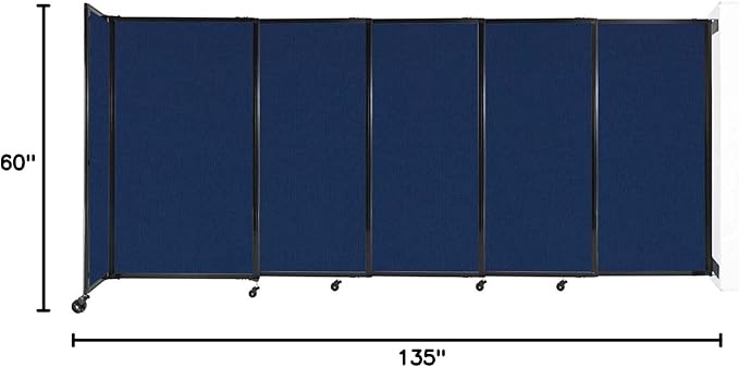Wall-Mounted Sliding StraightWall Room Divider | Adjustable Widths | Locking Wheels | Room Separator | Up to 11'3" Wide x 5' Tall Navy Blue Fabric Panels