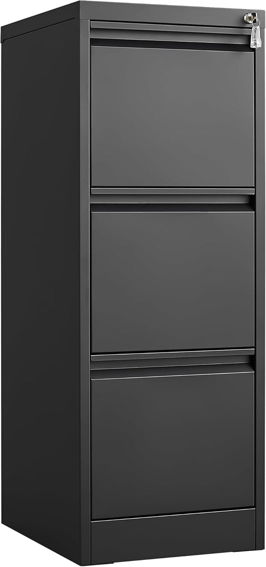 3 Drawer File Cabinet with Lock, Vertical File Cabinets for Home Office, Metal Filing Cabinets, Heavy Duty Steel Lockable Filing Storage Cabinet for Letter/Legal/A4/F4 Size Files, Black