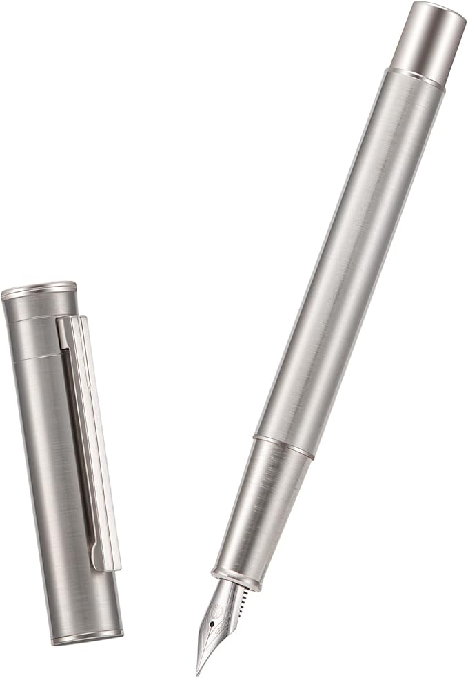 Hongdian 1861 Stainless Steel Fountain Pen Bent Nib, Classic Design Smooth Writing Pen with Converter and Metal Pen Case Set