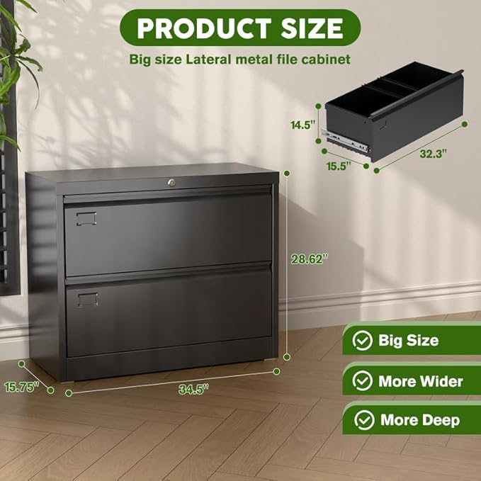 Aobabo Lateral File Cabinet 2 Drawer,Lockable Metal Filing Cabinet, Suitable for Home Office School Hanging Files Letter/Legal Size,Required-Assembly,Black