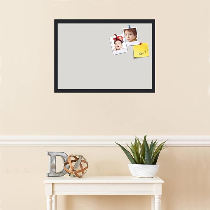 PinPix 27x19 Inch Cork Bulletin Board. This Decorative Framed Pin Board Comes with Light Stone Design and a Satin Black Frame. Ideal for Home Office Decor or Message Board (PinPix-1809)