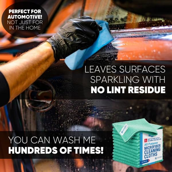 12" x 12" MW Pro Multi-Surface Microfiber Cleaning Cloths | Green - 12 Pack | Premium Microfiber Towels for Cleaning Glass, Kitchens, Bathrooms, Automotive, Supplies & Products
