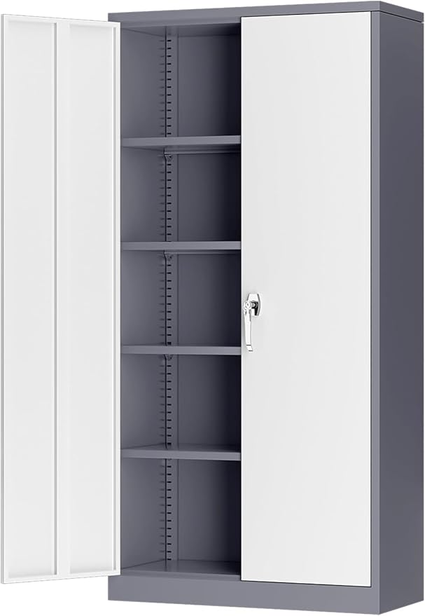 INTERGREAT Storage Cabinets with Doors and Shelves, 72“ Steel Tool Locking Cabinet, Metal Storage Cabinet for Home Office, Warehouse, School, Grey White