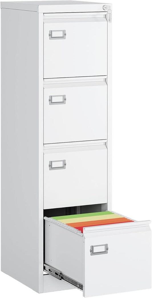 MIIIKO 4 Drawer File Cabinet, White Vertical Filing Cabinets with Lock, Home Office File Folders Storage Cabinet for Letter Legal A4 File Size