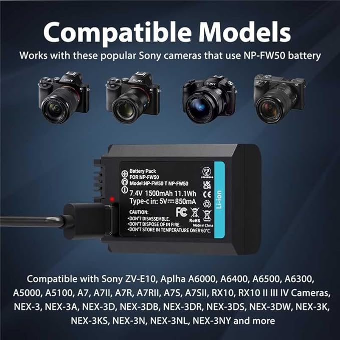 LP NP-FW50 Replacement Batteries, USB-C Charging, 1500mAh - Image 4