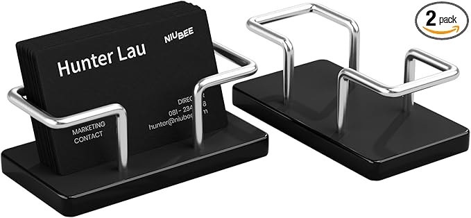 NIUBEE Acrylic Business Card Holder: Metal Business Card Display Stand for Desk - Frosted Name Card Organizer for Office, Reception, Desktop (Silver) - 2pack