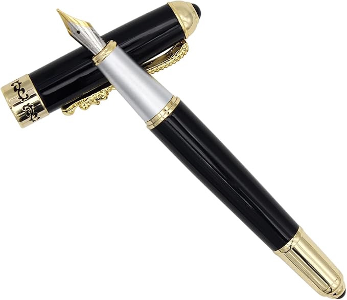 Gullor Fountain Pen with Ink Converter, Golden Dragon Clip, Executive Pen for Smooth Writing, Fine Nib, Black