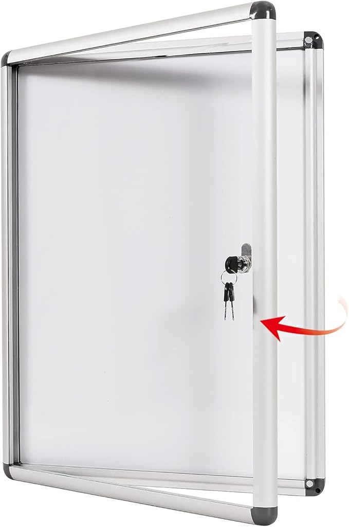 SWANCROWN Enclosed Bulletin Board Magnetic Dry Erase Noticeboard Lockable Display Boards White with Aluminium Frame 26x20inch(4xA4)