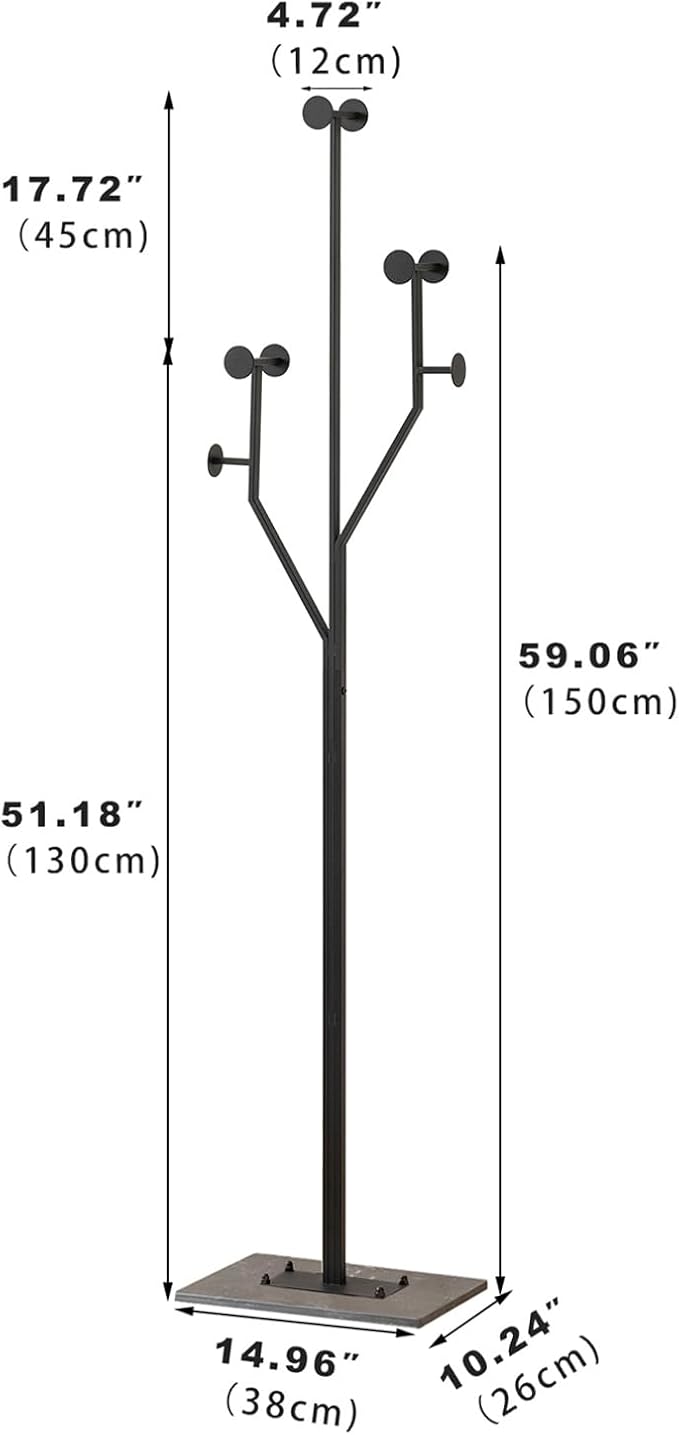 Freestanding Coat Rack Tree-shaped Metal Coat Tree with Heavy Duty Marble Base Corner Clothing Rack for Bedroom Entryway Hallway 14.96 x 10.24 x 68.9 Inches (Black)