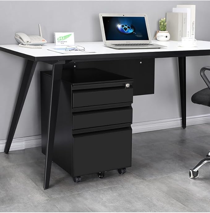 3 Drawer Steel Mobile File Cabinet with Lock for Legal/Letter/A4 Folders, 23.6''H Rolling File Cabinet for Home, Office, Fully Assembled Except Wheels, Black