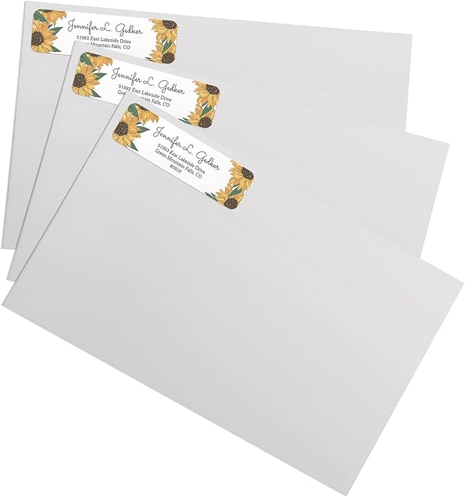 Illustrated Sunflower Rolled Address Labels/Roll of 500 Floral Garden Personalized Address Labels/Designer Return Address Stickers in Elegant Plastic Dispenser