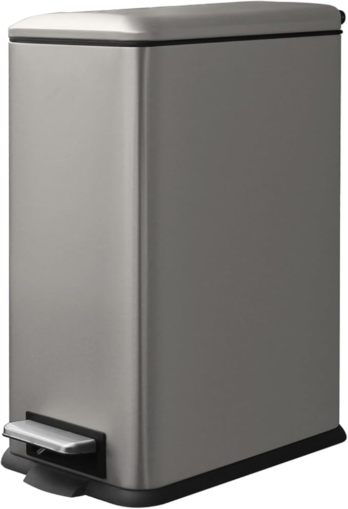 8 Gallon Slim Trash Can with Soft Close Lid, Stainless Steel Trash Can with Removal Inner Bucket, Hand -Free Trash Bin for Kitchen, Office, Laundry, Bathroom, 30 Liter Capacity, Grey