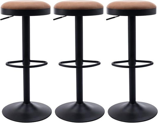 Round Swivel Counter Height Bar Stools Set of 3 Modern Adjustable Barstools Backless PU Leather Bar Chairs Industrial Island Chairs with Metal Base/Footrest for Kitchen Island/Pub/Bar, Brown