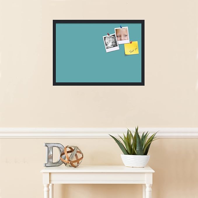 PinPix 26x18 Inch Cork Bulletin Board. This Decorative Framed Pin Board Comes with Aqua Pastel Design and a Satin Black Frame. Ideal for Home Office Decor or Message Board (PinPix-1806)
