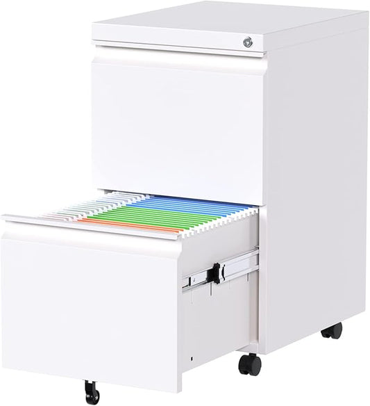Aobabo 2 Drawer File Cabinet with Lock,Metal Filing Cabinet with Wheels for Home Office & Business Enterprise, Legal/Letter Size, Fully Assembled Except Wheels, White