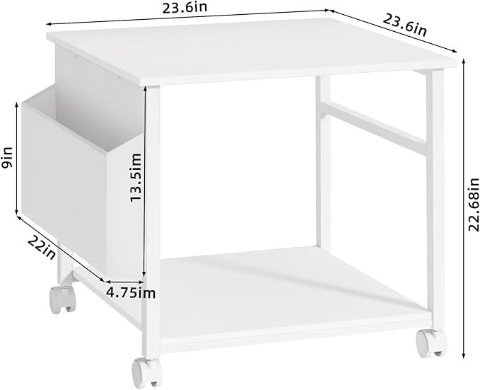 Lerliuo Large Printer Stand with Storage Shelf, 23.6 x 23.6 x 22.8 Industrial Printer Table for Home Office, Rolling Printer Cart Holder with Lockable Wheels, Mobile Mini Fridge Stand Table (White)
