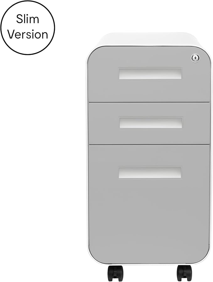 Laura Davidson Furniture Stockpile Slim 3-Drawer Mobile File Cabinet with Lock - Under Desk Metal Filing Cabinet, Legal/Letter File Folders, Wheels & Stationary Feet, Assembled, Light Grey Faceplate