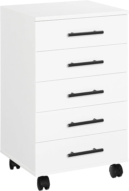 HOOBRO 5-Drawer File Cabinet, Office Cabinet with Drawers, Wooden Storage Cabinet with Wheels for Makeup, Home Office, Study, Easy Assembly, White WT05WJ01G1
