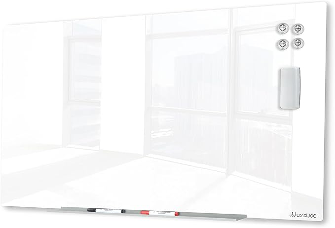 J&J worldwide Glass Whiteboard, Magnetic Brilliance White Dry Erase Board 36" x 60" Invisible Mount, Includes Markers, Marker Tray, Eraser for Wall, Office, Home, School