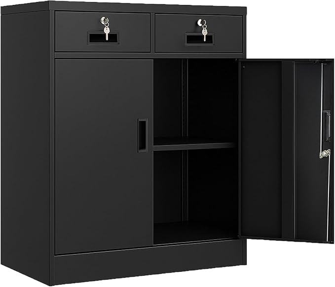 Metal Storage Cabinet with Locking Doors and 2 Drawers, 36” Garage Cabinet for Classroom, Home and Office - Black