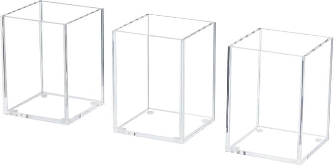 MyGift Modern Premium Clear Acrylic Desktop Pen Pencil Cup, Transparent Rectangular Office Desk Stationery Supplies Storage Organizer Holder, Set of 3