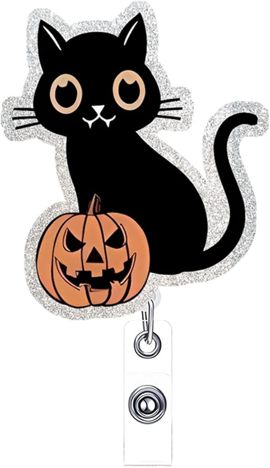Halloween Badge Reels Retractable ID Name Badge Holder Cute Black Cat with Pumpkin Acrylic Badge Clip with Alligator Clip for Nurses Doctors Office Worker Social Worker Student Supplies