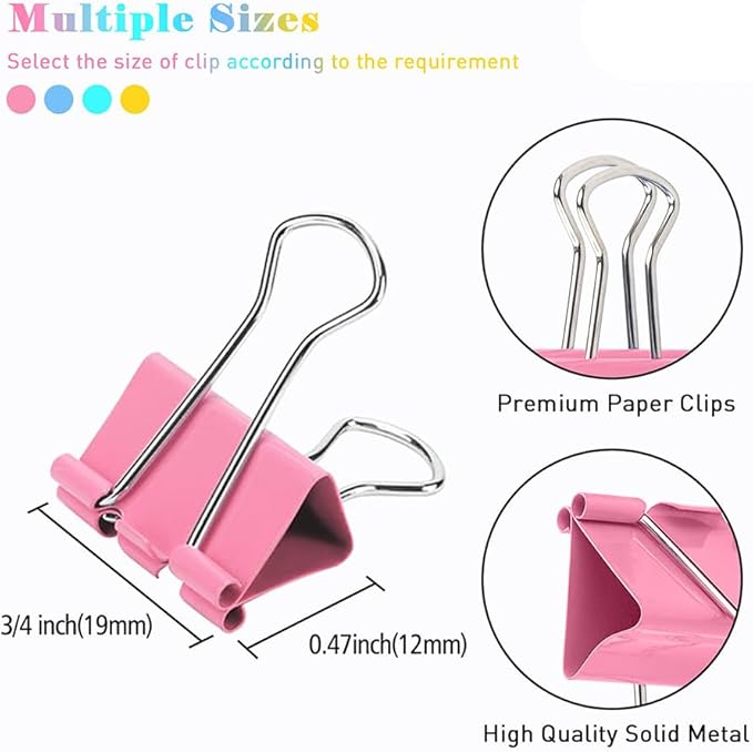 Small Binder Clips, 80 Pack, 3/4 Inch, 0.75 Inch, Standard 19mm, Mulitcolor, Metal Paper Clips, Fold Clamp, Office Clips, with Plastic Container