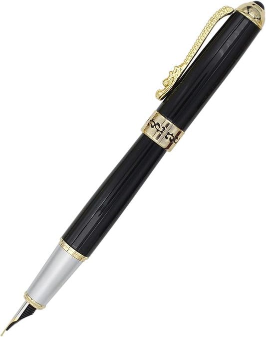 Gullor Fountain Pen with Ink Converter, Golden Dragon Clip, Executive Pen for Smooth Writing, Fine Nib, Black