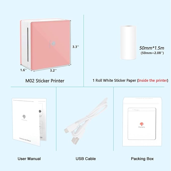 Phomemo Mini Sticker Printer- Mini Printer Sticker Maker Machine M02, Print Pods Suitable for Creative DIY, Diaries, Photos, Study Notes, Portable Thermal Inkless Label Maker for Home/Travel, Pink