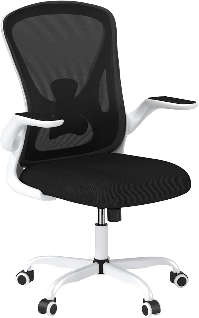 Sytas Ergonomic Desk Chair with Padded Flip up Arms and Supportive Lumbar Support, Breathable Mesh Home Office Chair with Comfortable Cushion for Home or Office(White)