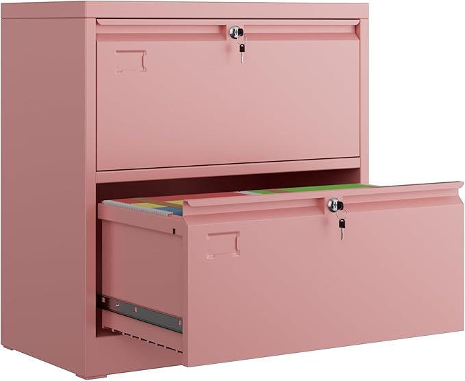 Aobabo 2 Drawer Wide Lateral File Cabinet, Metal Filing Cabinet with Lock, Suitable for Home Office School Hanging Files Letter/Legal/F4/A4 Size,Pink,Required-Assembly,15.87" D x 28.94" W x 30.24" H