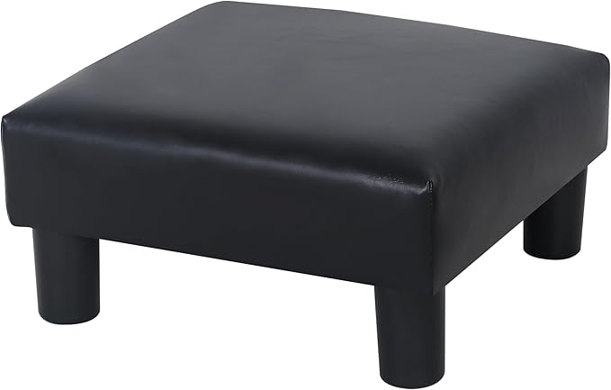 Joveco Small Footstool Ottoman, PU Leather Square Upholstered Footrest with Plastic Legs, Under Desk Foot Stools for Living Room Bedroom Office, Black