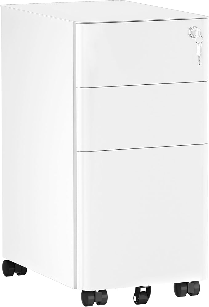 YITAHOME 3 Drawer File Cabinet, Mobile Filing Cabinet for Home Office, Metal Slim File Cabinet Drawers with Keys, Pre-Built Office Storage Cabinet for A4/Letter/Legal (White)