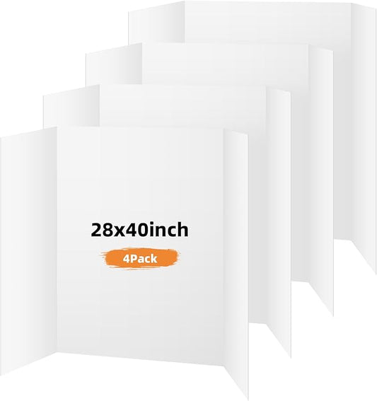 4 Pack Trifold Poster Board, 28x40 Inches White Presentation Board, Portable Display Board for Science Fair, School DIY Project and Business Exhibitions