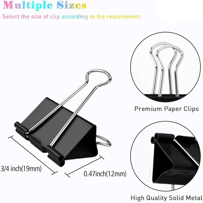 Small Binder Paper Clips 3/4 Inch Standard 19mm, 144 Pack, Black, 0.75 Inch Fold Clamp, Capacity 0.31 Inch, Office Clips, Micro Binder Clips