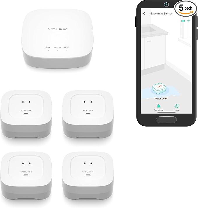 YoLink Water Leak Starter Kit: Hub + 4 Leak Sensor 4, LoRa Long-Range,